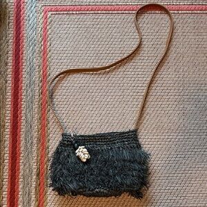 Handcrafted Black Raffia Crossbody Bag with Shell Accent